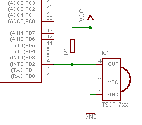 Anschluss TSOP17xx an AVR, R1 ca 10kΩ